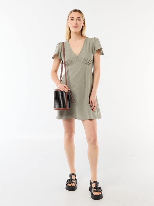 Vestido curto com mangas borboleta em algodão e linho - Kiabi