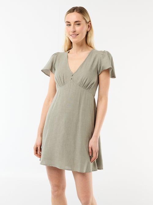 Vestido curto com mangas borboleta em algodão e linho - Kiabi