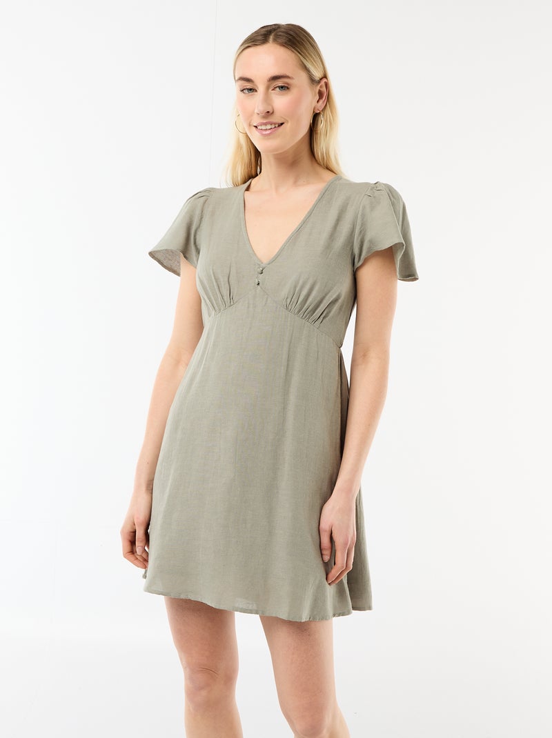 Vestido curto com mangas borboleta em algodão e linho Verde - Kiabi