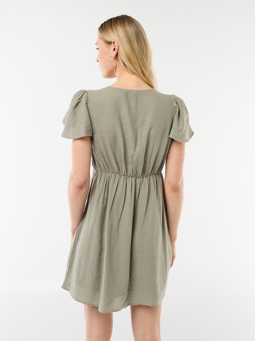 Vestido curto com mangas borboleta em algodão e linho - Kiabi