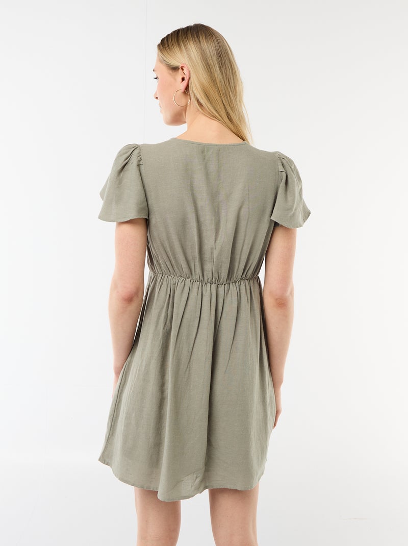 Vestido curto com mangas borboleta em algodão e linho Verde - Kiabi