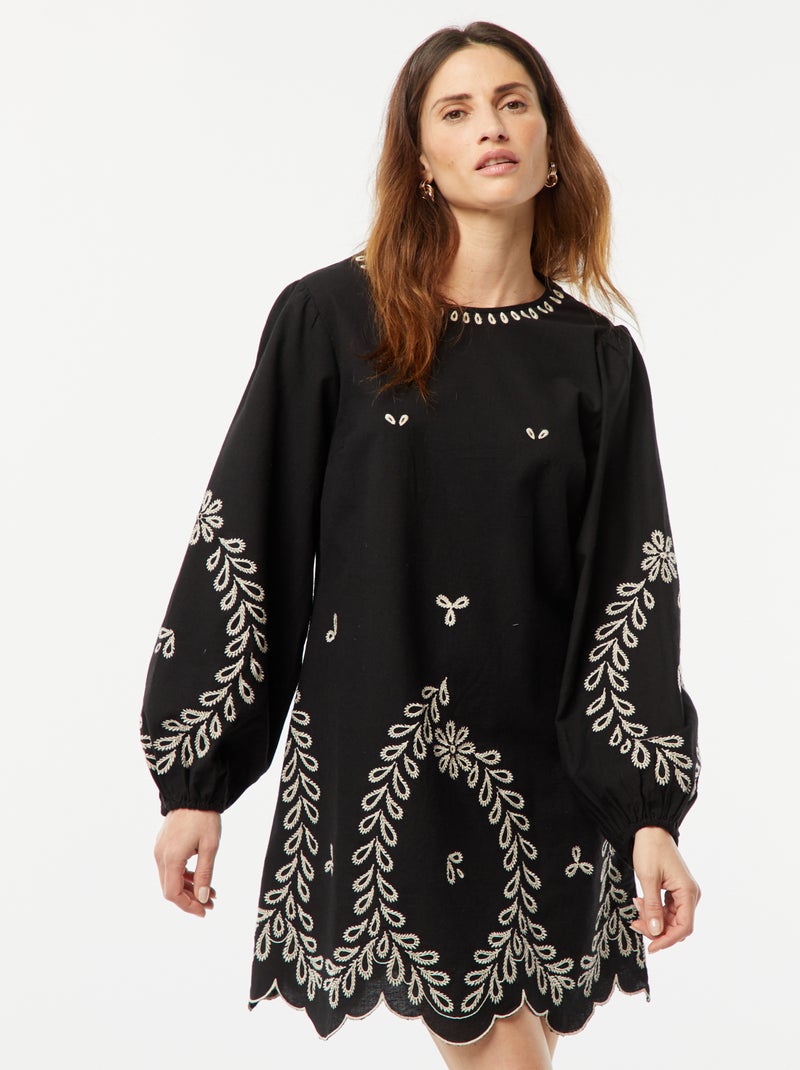 Vestido curto com mangas compridas de balão e bordados Preto - Kiabi