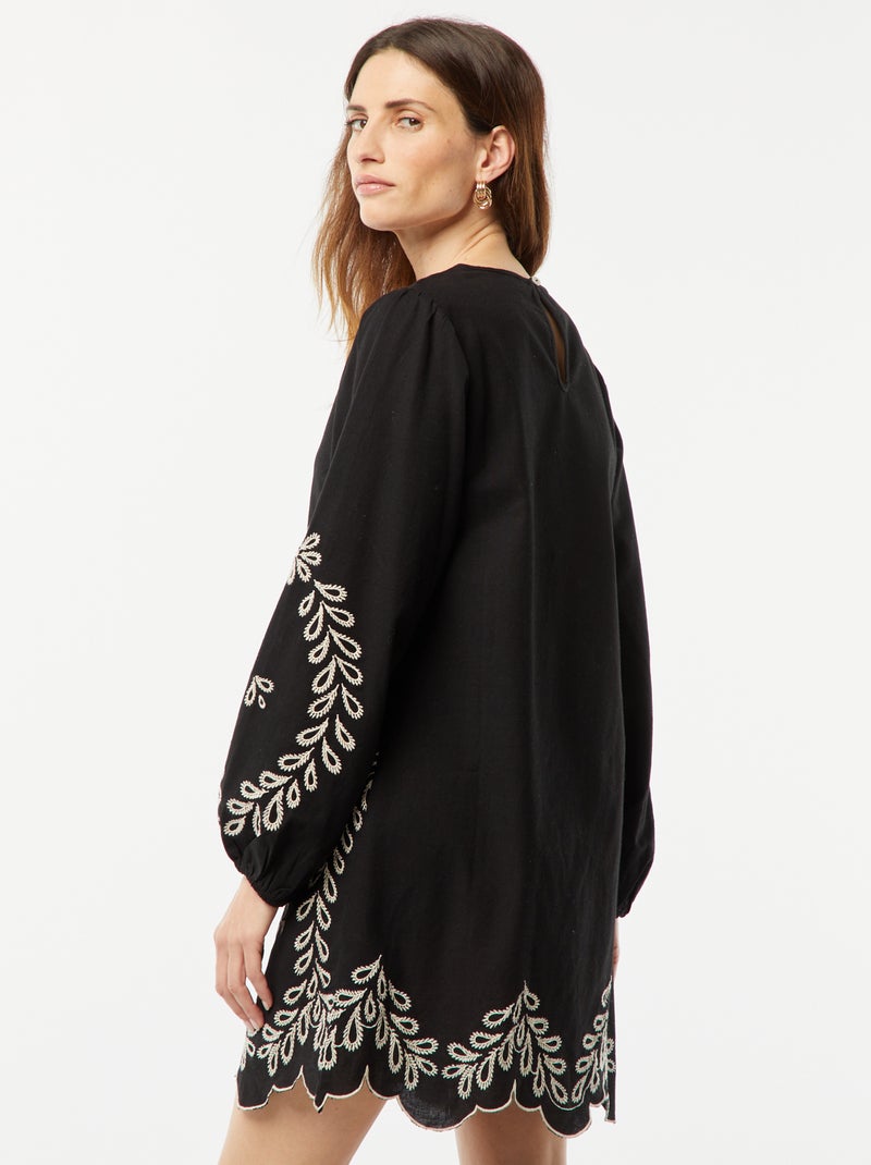 Vestido curto com mangas compridas de balão e bordados Preto - Kiabi