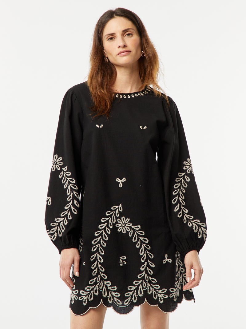Vestido curto com mangas compridas de balão e bordados Preto - Kiabi