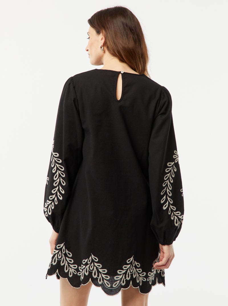 Vestido curto com mangas compridas de balão e bordados Preto - Kiabi