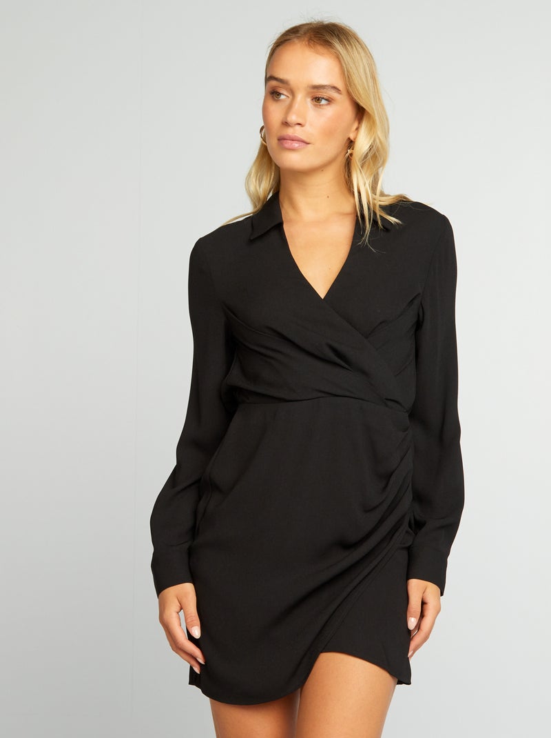 Vestido curto cruzado plissado Preto - Kiabi