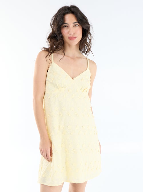 Vestido curto de alças finas com bordados all-over - Kiabi