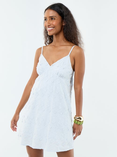Vestido curto de alças finas com bordados all-over - Kiabi