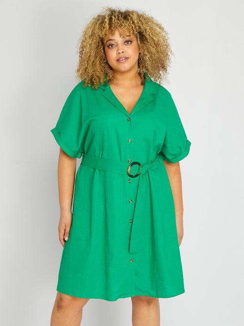 Vestido curto de linho com cinto - Kiabi