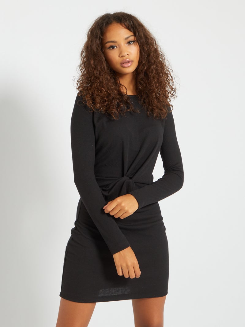 Vestido curto de malha canelada com laço de fantasia Preto - Kiabi