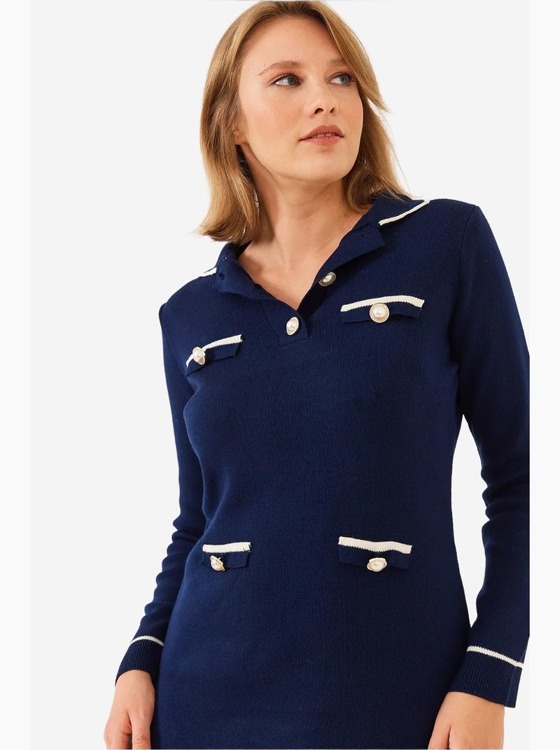 Vestido curto de malha com botões e bolsos, decote redondo e manga comprida lucci Azul-marinho - Kiabi