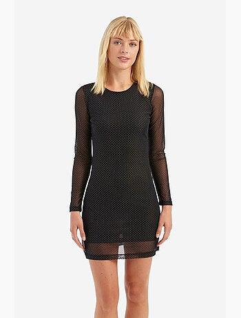 Vestido curto de malha com decote redondo e pedras adornadas e manga comprida hiccup