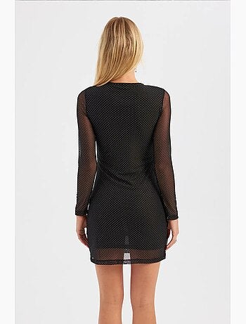 Vestido curto de malha com decote redondo e pedras adornadas e manga comprida hiccup