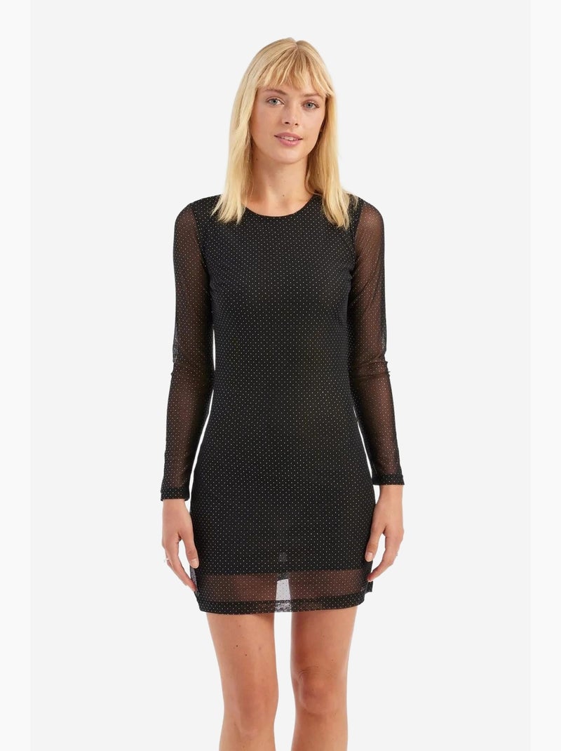 Vestido curto de malha com decote redondo e pedras adornadas e manga comprida hiccup Preto - Kiabi