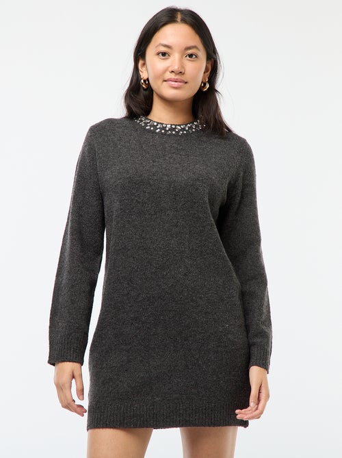 Vestido curto de malha com gola de strass - Kiabi