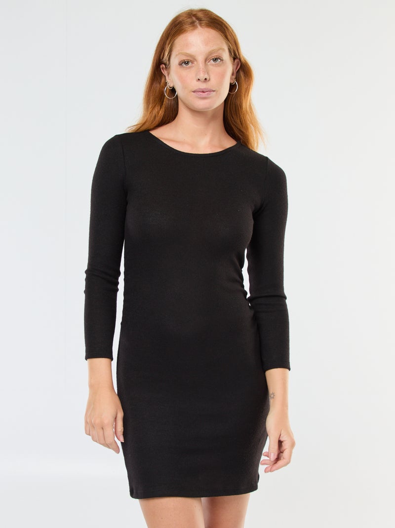 Vestido curto de manga comprida em malha macia Preto - Kiabi