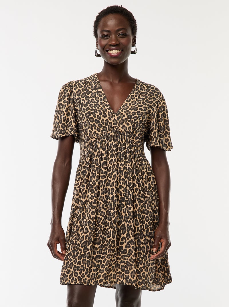 Vestido curto de manga curta com base com folho Bege - Kiabi