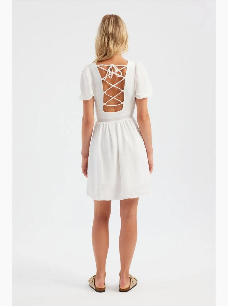 Vestido curto de manga curta com decote quadrado hiccup Bege natural - Kiabi