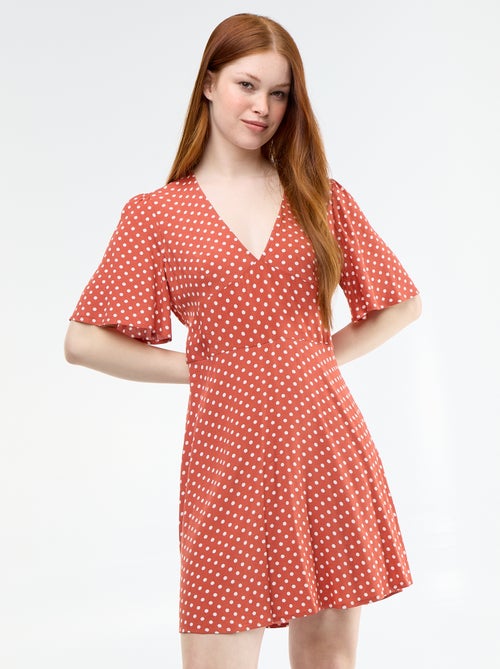 Vestido curto de manga curta com padrão de bolinhas - Kiabi