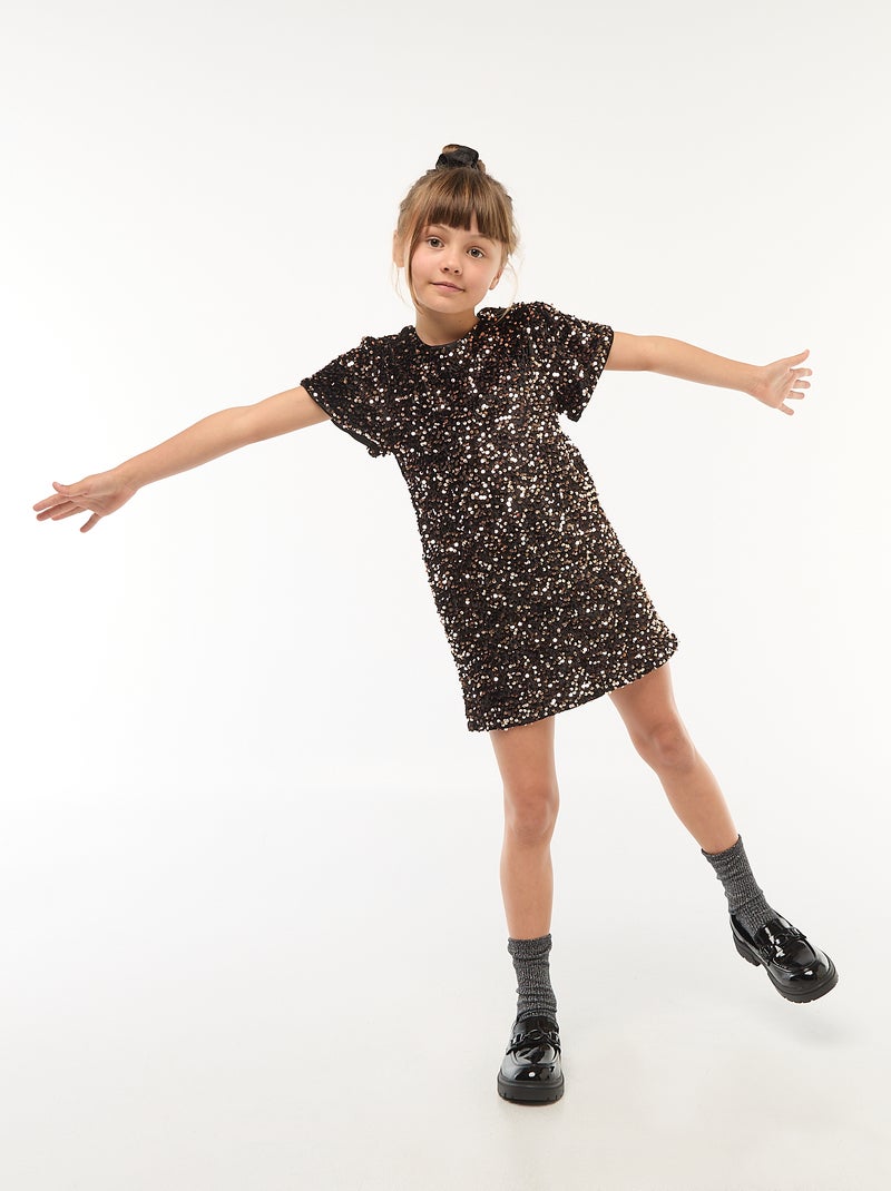 Vestido curto de veludo com lantejoulas Amarelo - Kiabi