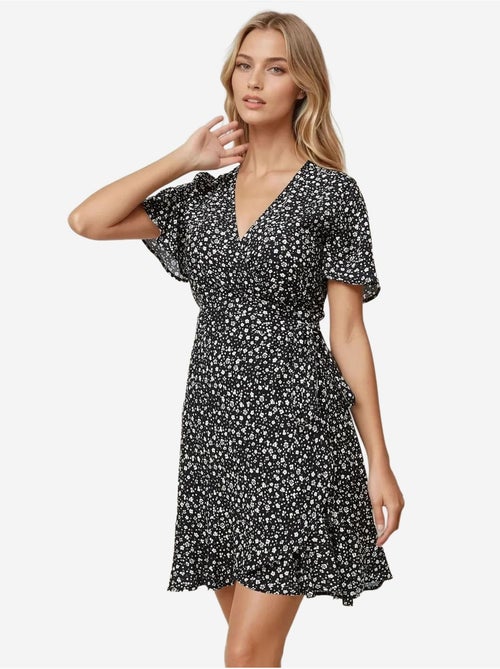 Vestido curto de viscose com decote em v e estampado floral ditsy hiccup - Kiabi Vestido curto de viscose com decote em v e estampado floral ditsy hiccup - Kiabi
