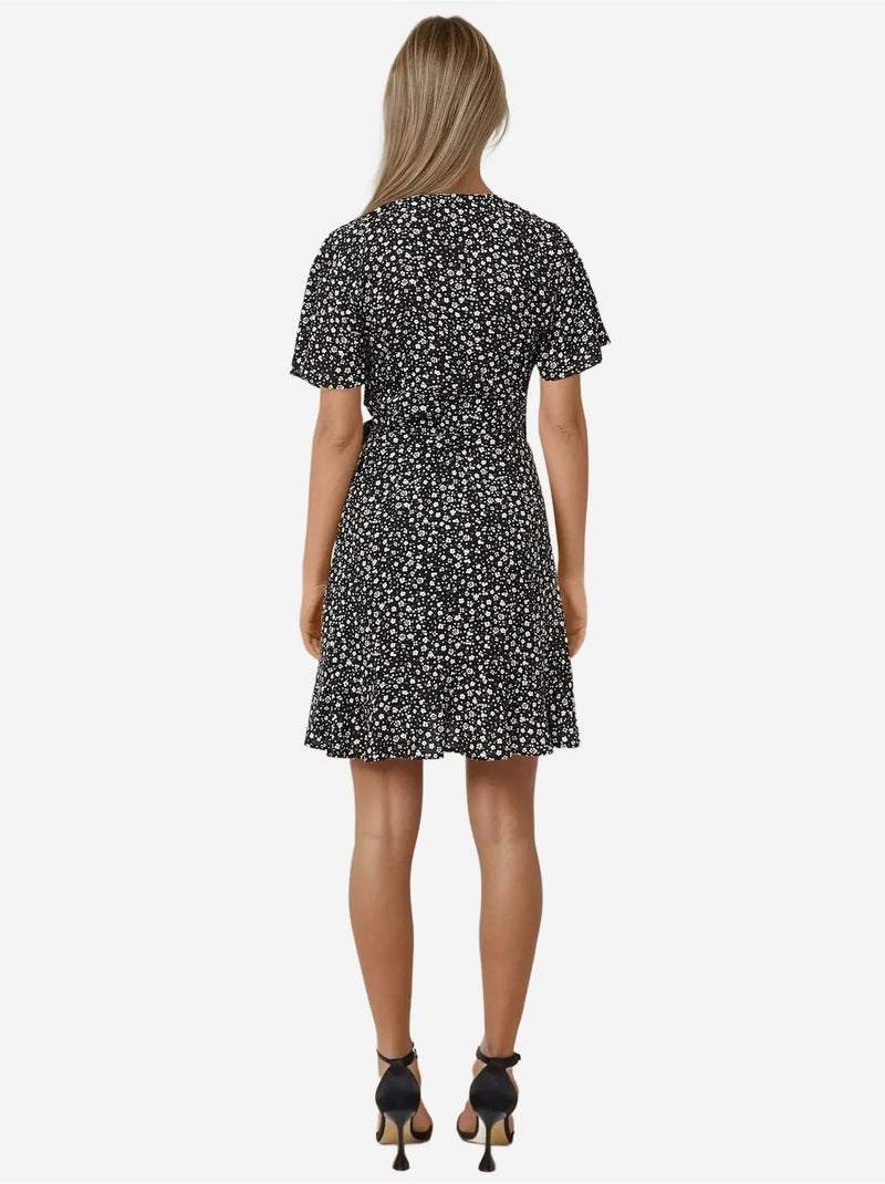 Vestido curto de viscose com decote em v e estampado floral ditsy hiccup Preto - Kiabi