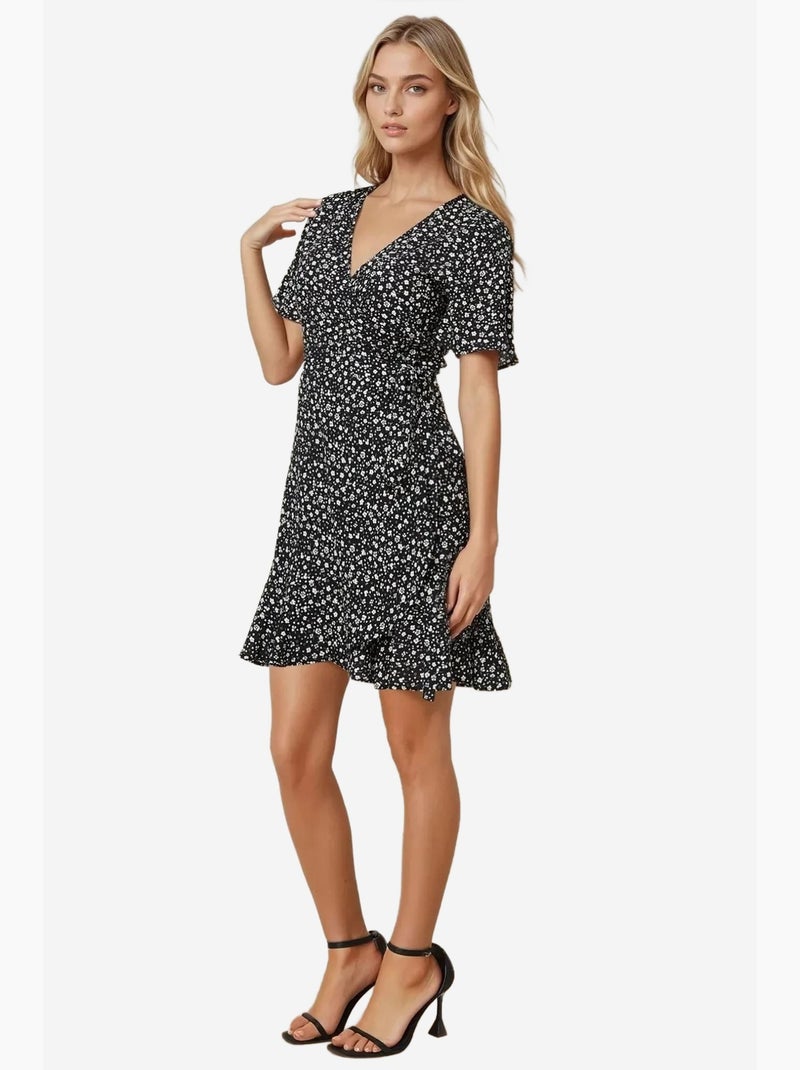 Vestido curto de viscose com decote em v e estampado floral ditsy hiccup Preto - Kiabi