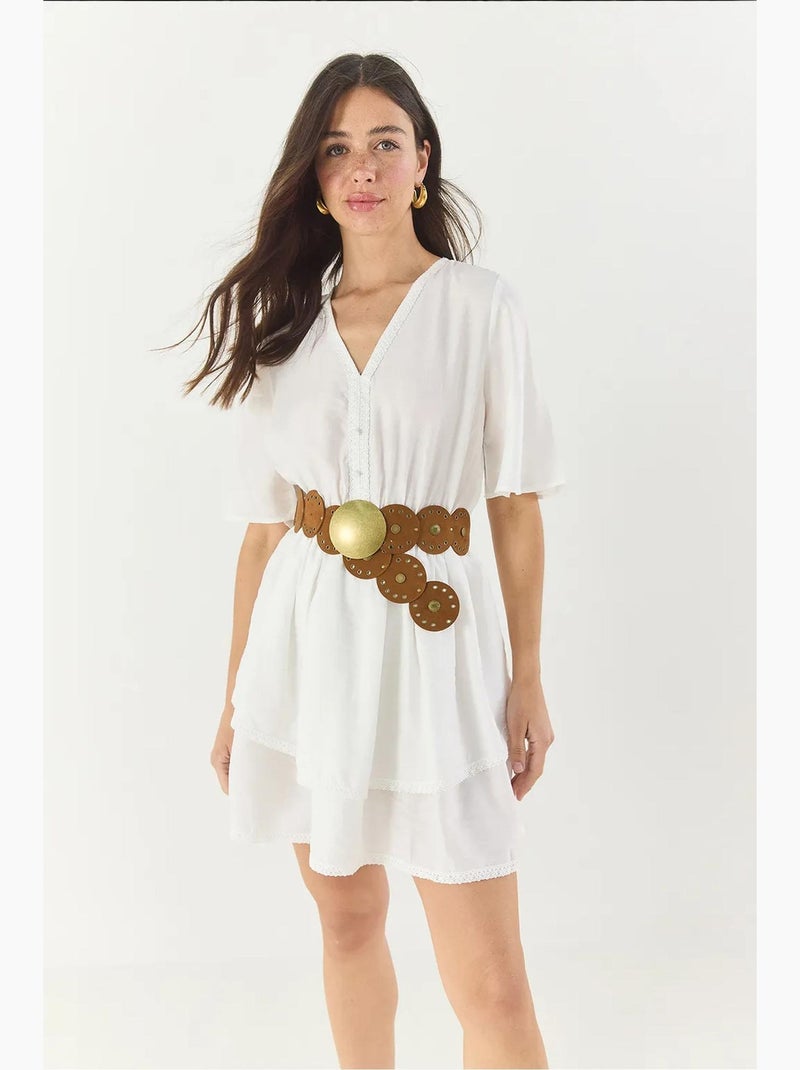 Vestido curto decote em v e renda lucci Branco - Kiabi