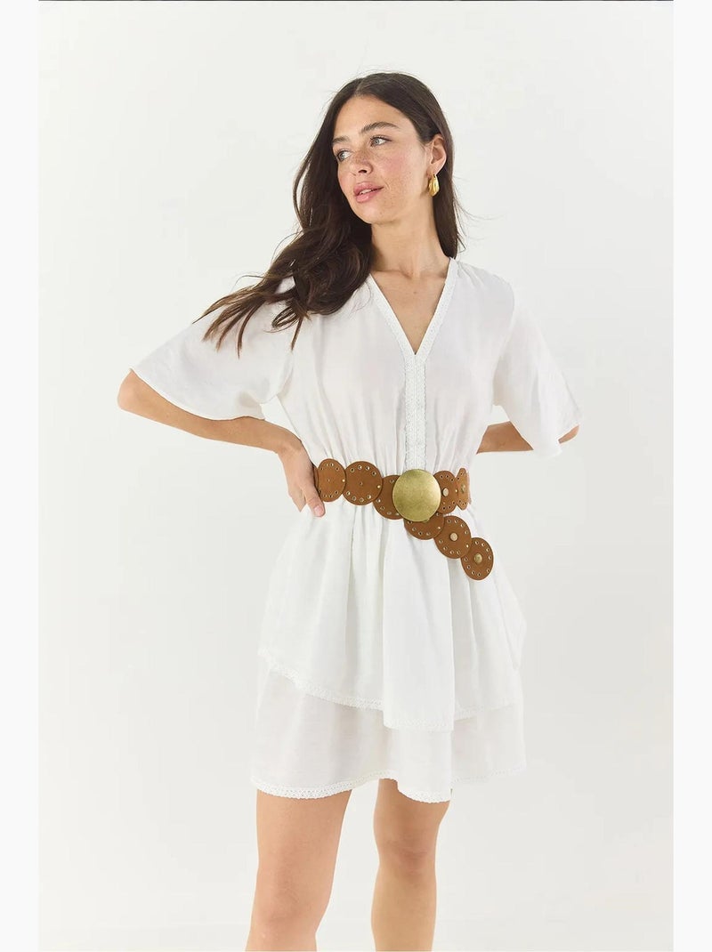 Vestido curto decote em v e renda lucci Branco - Kiabi
