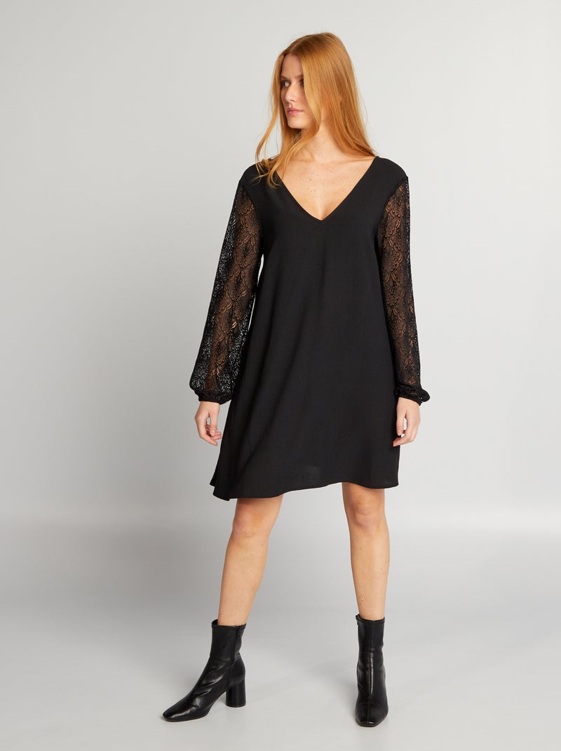 Vestido curto em crepe + renda PRETO - Kiabi