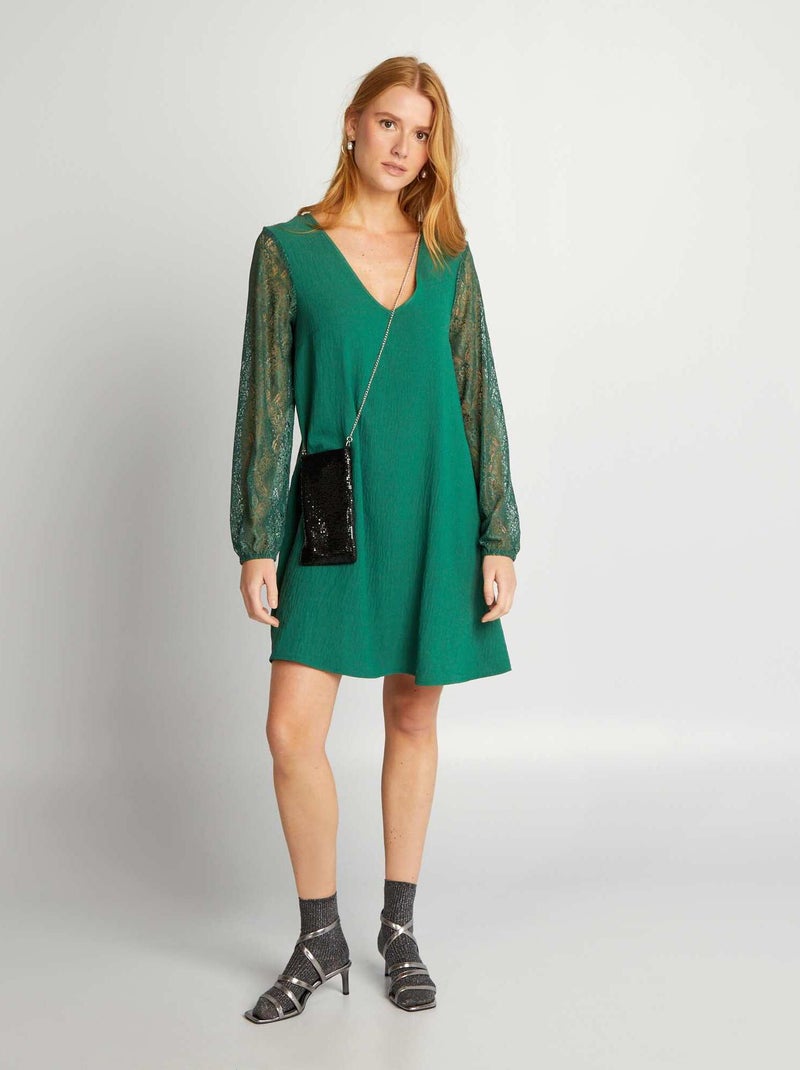 Vestido curto em crepe + renda VERDE - Kiabi