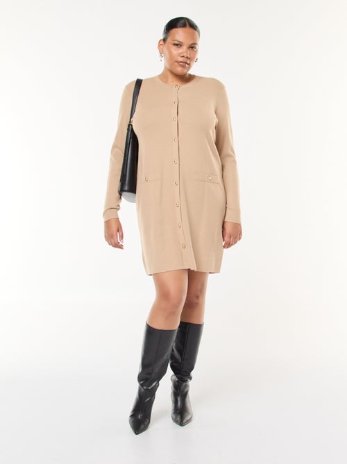 Vestido curto em malha fina com decote em V e botões dourados - Kiabi