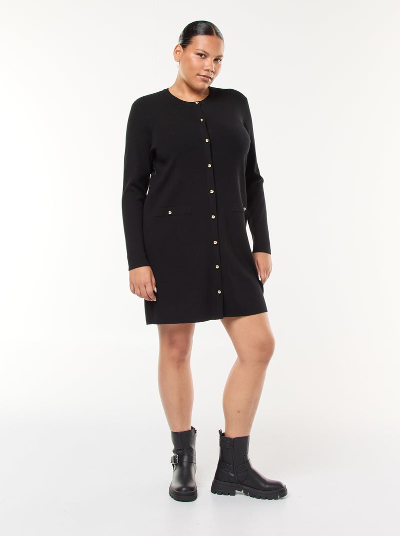Vestido curto em malha fina com decote em V e botões dourados Preto - Kiabi