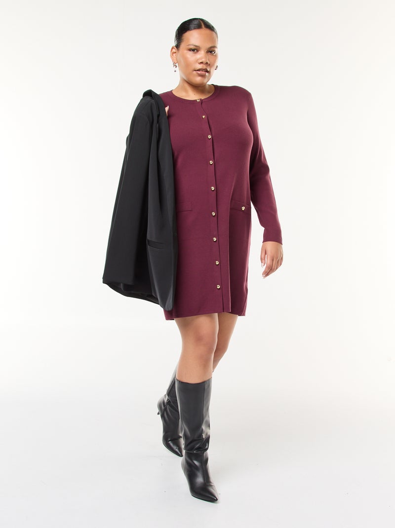 Vestido curto em malha fina com decote em V e botões dourados Vermelho - Kiabi