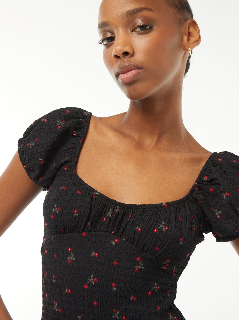 Vestido curto em material gofrado de manga curta PRETO - Kiabi