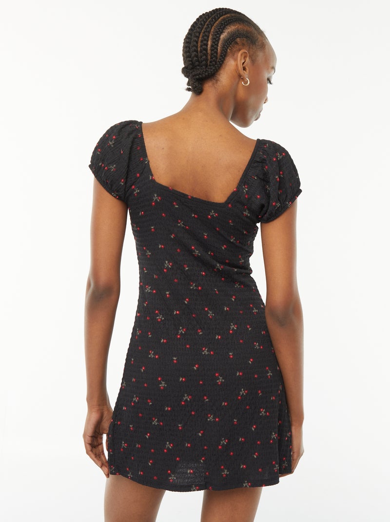 Vestido curto em material gofrado de manga curta PRETO - Kiabi