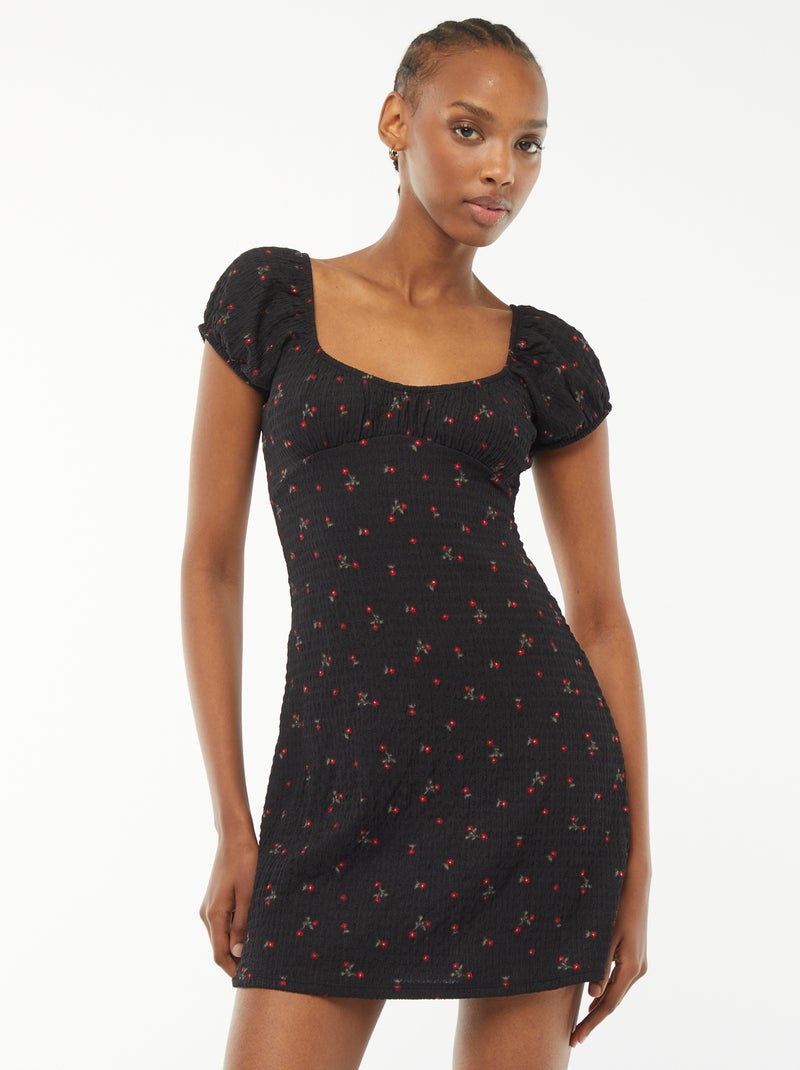 Vestido curto em material gofrado de manga curta PRETO - Kiabi