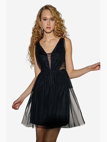 Vestido curto em tule com decote em v e painéis hiccup
