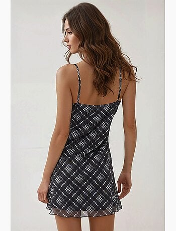 Vestido curto estampado com detalhe em renda hiccup