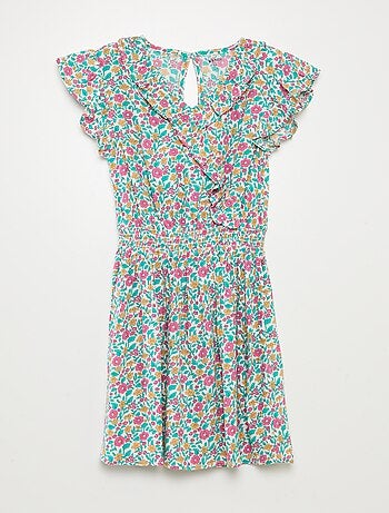 Vestido curto estampado com folhos