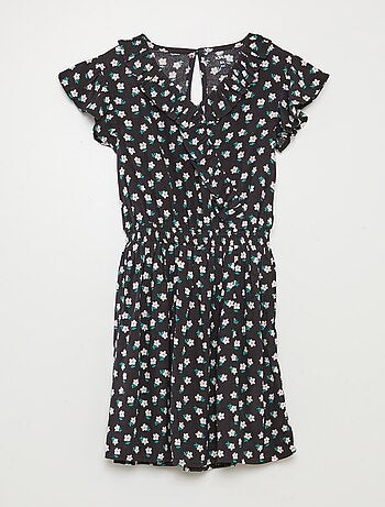 Vestido curto estampado com folhos
