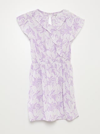 Vestido curto estampado com folhos
