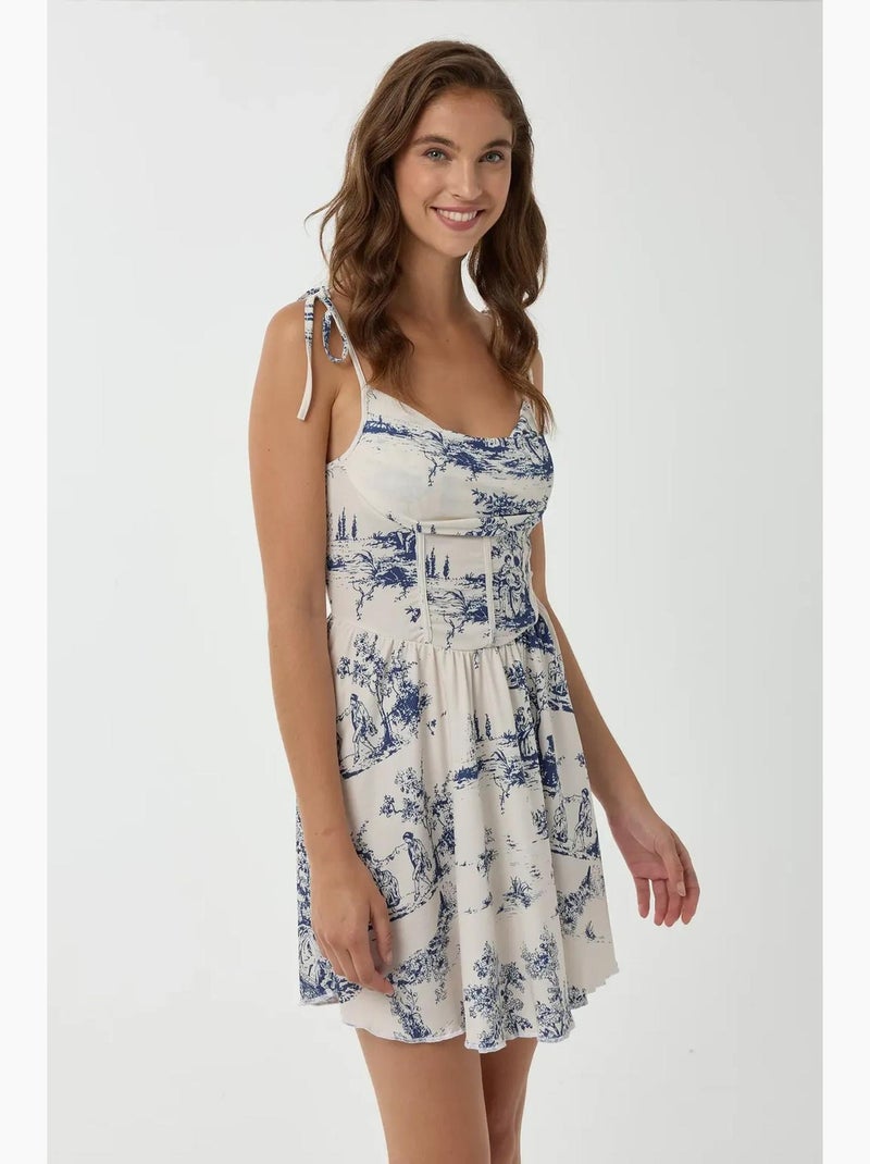 Vestido curto estampado hiccup Branco Azul - Kiabi