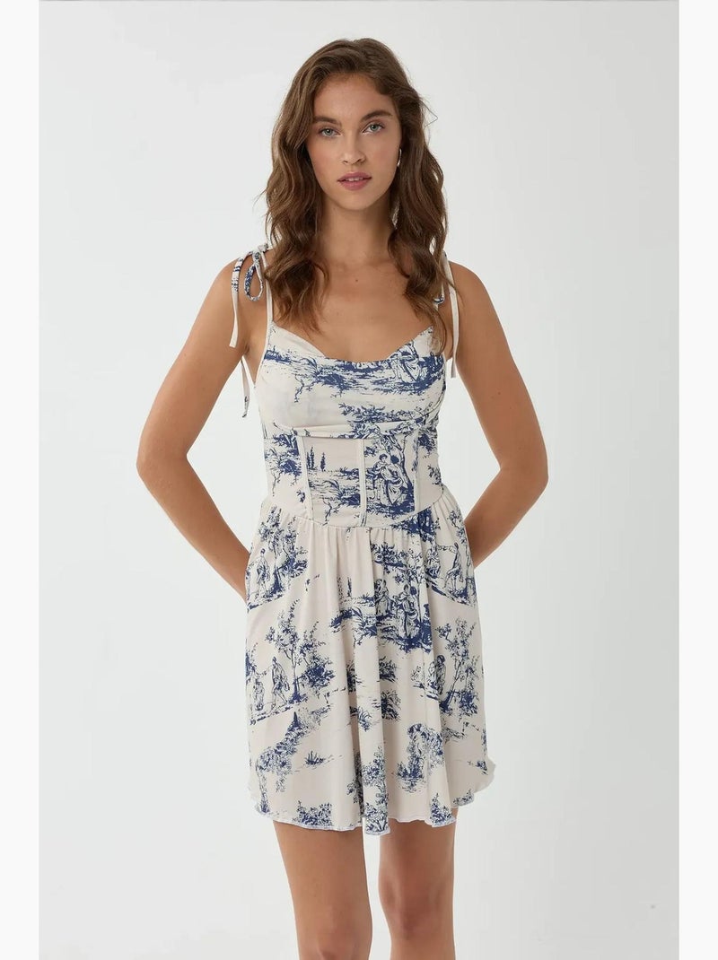 Vestido curto estampado hiccup Branco Azul - Kiabi