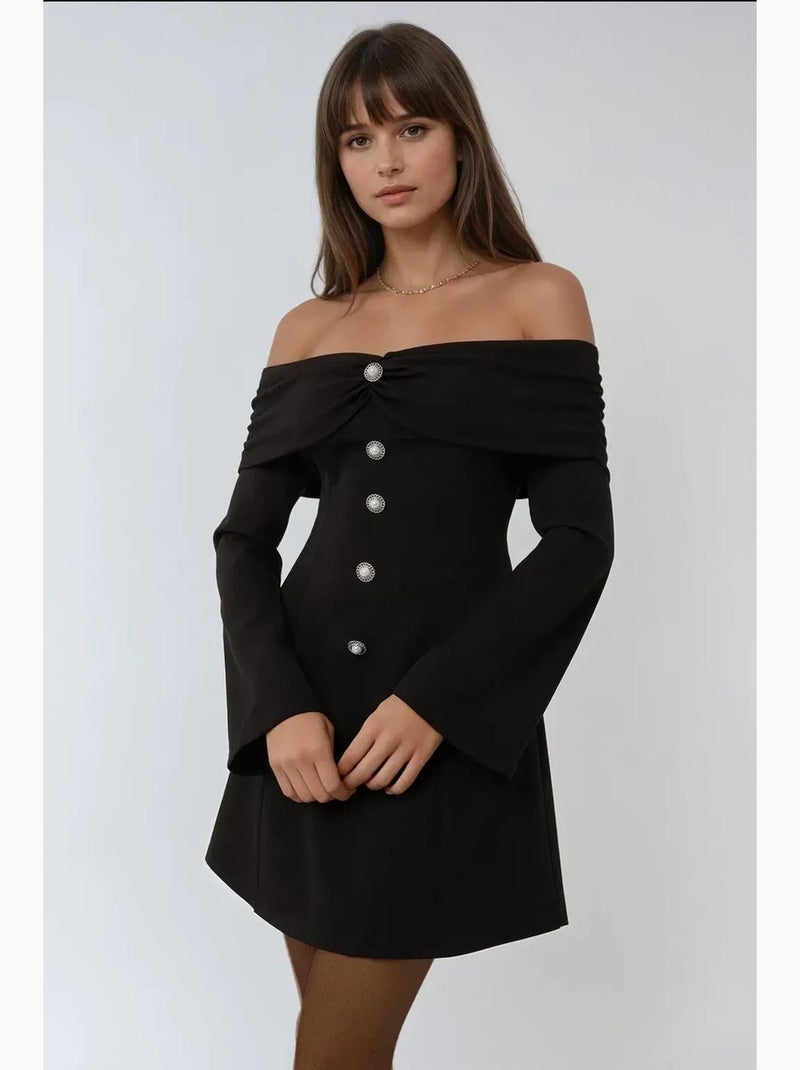 Vestido curto exclusivo com ombros à mostra e detalhe de botões hiccup Preto - Kiabi