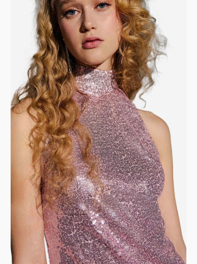Vestido curto justo com decote halter e lantejoulas hiccup Rosa - Kiabi