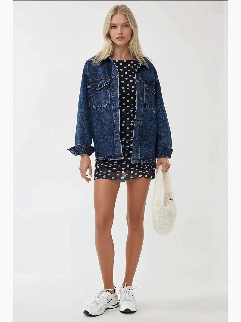 Vestido curto justo com estampado de bolinhas e decote em bico hiccup Azul-marinho - Kiabi