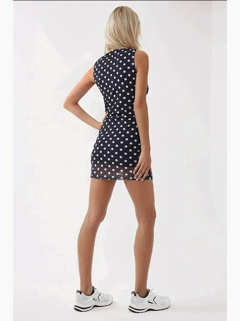 Vestido curto justo com estampado de bolinhas e decote em bico hiccup Azul-marinho - Kiabi