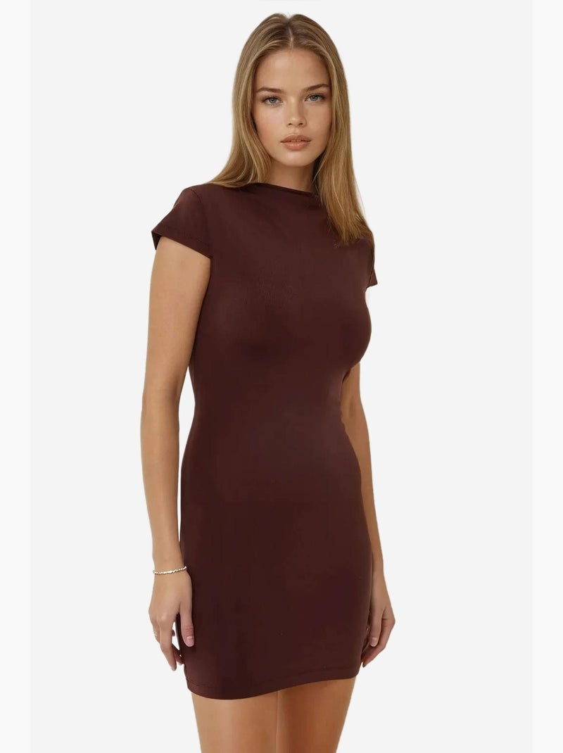 Vestido curto justo com gola redonda hiccup Castanho - Kiabi