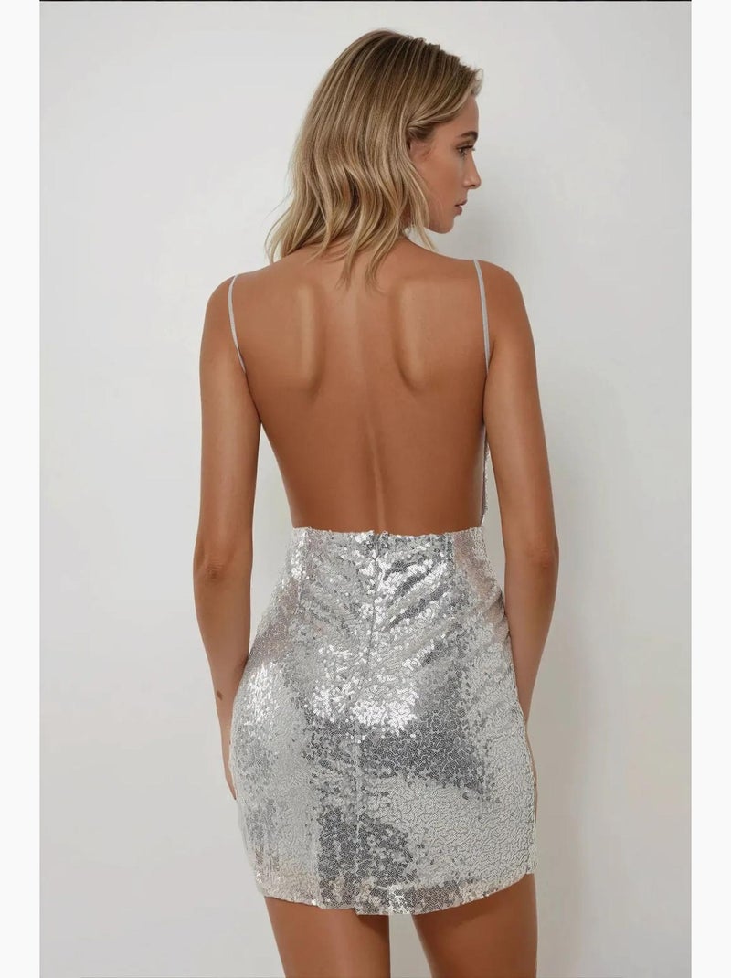 Vestido curto justo com lantejoulas e gola quadrada hiccup Cinza médio - Kiabi